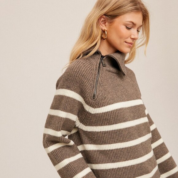 HEM & THREAD Brown White Striped Quarter Zip Sweater, Cozy Knit Pullover - Picture 6 of 6